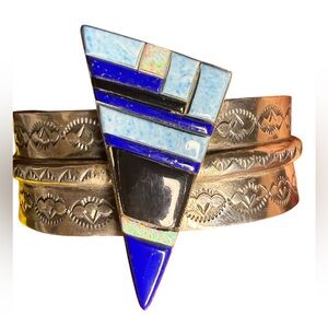 Signed Zuni Liz P.M. Sterling Silver Inlay Cuff Bracelet Pendant